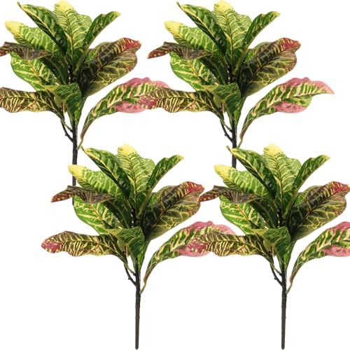 Hotop 4 Pcs Artificial Croton Plant 15.8 Inch Faux Greenery Leaf Branches Lifelike Tropical Houseplant Bush Stems for Home Office Garden Pot Decoration