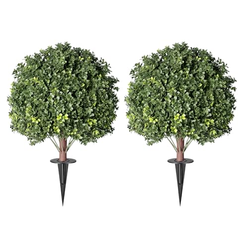 26" Artificial Boxwood Topiary Ball Tree with Ground Spikes, 2 Pack UV Resistant Fake Outdoor Plants for Front Door Porch Garden Patio Entryway Decor, Realistic Faux Shrub Height - color: Boxwood Topiary Ball Trees Dark Green 26