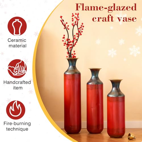Floor Vases, Tall Home Decor Metal Vase Set of 3 Large Glazed Decorative Vases for Wedding Decor, Elegant Modern Flower Holder for Living Room, Entryway, Hallway - color: Gradient Red