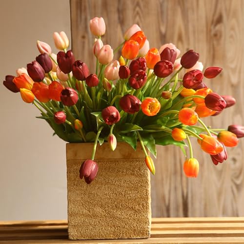 15pcs Artificial Tulips Flowers,Soft Touch Latex Bouquet, Fake Tulips Flowers,Spring Wedding Home Room Table Centerpiece Decor Red Set - color: 15pcs Orange(no Vase)