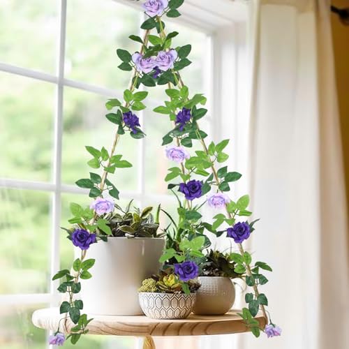 2 Pcs Artificial Rose Garland Flowers Vines Hanging Silk Rose Vine Outdoor 15.8ft Silk Flowers Rose Ivy Vines for Bedroom Wedding Arch Decor Purple Flower Garland for Backdrop Wall Home Garden - color: Purple