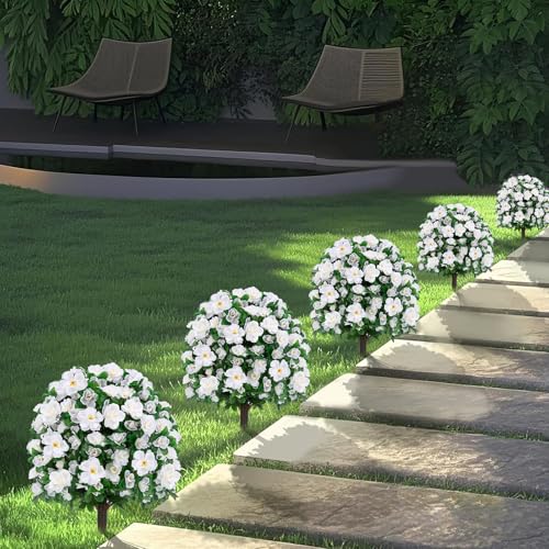 ENVEN Artificial Boxwood Topiary Ball Trees with Ground Spikes UV Resistant Faux Greenery Shrubs Fake Shrubs for Outdoors, Realistic Faux Plants Bushes for Garden Porch Yard Patio Decor (White) - color: White