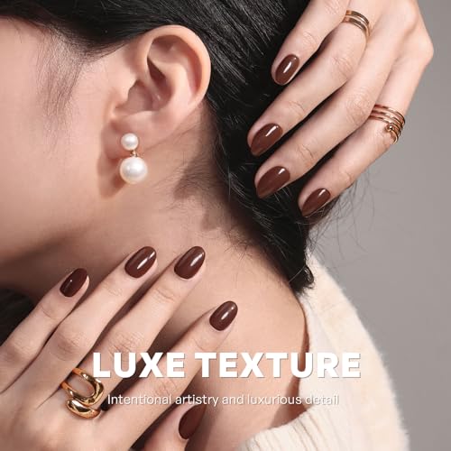 32Pcs Soft Gel Press on Nails for Women, Mocha Brown, Short Oval | Solid Color Glossy False Fake Nails Press Ons for Office Daily Wear, Salon Quality Reusable Glue & Stick on Nail Gift Kit - color: 5K-Mocha Brown