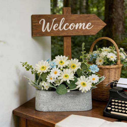 Floral Centerpieces for Tables, 12 Inch Small Artificial Flowers in Metal Pot with White Daisy Arrangement, Farmhouse Fake Potted Faux Plant for Spring Summer All Season Indoor Outdoor Decor