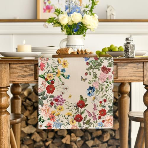 Artoid Mode Plants Floral Butterfly Valentine's Day Table Runner, Anniversary Wedding Kitchen Dining Table Decoration for Home Party Decor 13x72 Inch - size: 13" x 72", Table Runner