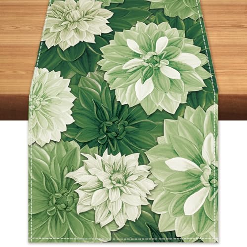 Green Dahlia Flower Summer Table Runner Sage Green Burlap Table Runners, Spring Elegant Floral Seasonal Coffee Table Center Decor for Home Kitchen Dining Party Indoor Outdoor 13x72 Inch - color: Green, size: 13" x 72", Table Runner