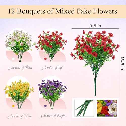 Der Rose 12 Bundles Artificial Daisy Fake Flowers for Outdoors, UV Resistant Colorful Silk Faux Flowers for Spring Home Porch Garden Decor - color: Multi-color a