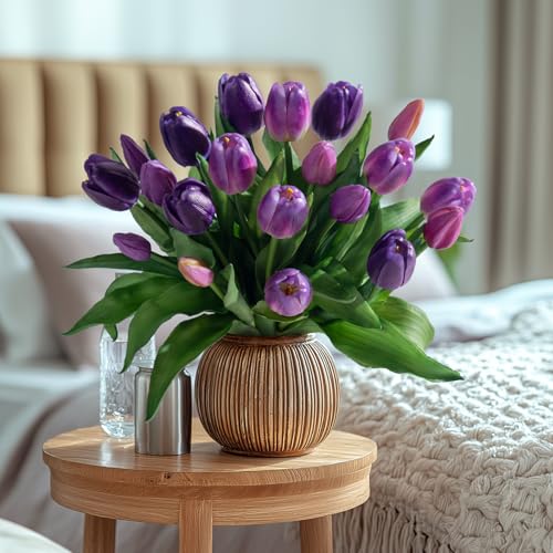 Bailikang 20PCS Fake Tulips 12' Artificial Tulip Silk Flowers Fake PU Bouquet Artificial Flowers Faux Flowers with Gift Box Soft Faux Tulips Bouquets Arrangements for Party Wedding Home - color: Purple+light Purple