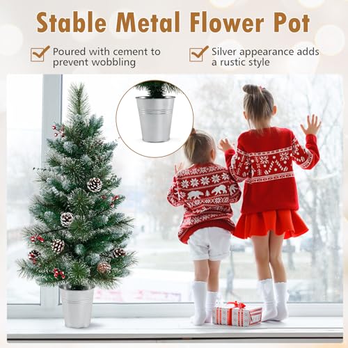GOFLAME 3FT Prelit Artificial Entrance Christmas Tree, Indoor Outdoor Potted Xmas Tree with 20 LED Lights, Flocked Pine Needles, Eucalyptus Leaves, Red Berries, Pine Cones, 8 Light Modes, Timer - color: Green