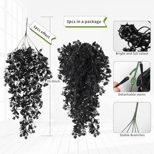 SJL Black Artificial Hanging Plant Faux Ivy Flowers Artificial Hanging Flowers Fake Greenery Outdoor Plastic Plant Faux Vine Leaves for Indoor Outdoor Home Halloween Party Room Decoration 3Pcs (Black) - color: Hanging Black Rose