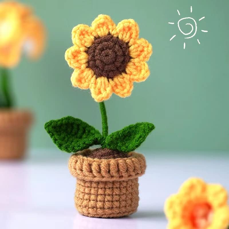 JOONOR 3PCS Mini Crochet Sunflower Potted Plant,Knitted Fake Plum Blossom for Bathroom Home Kitchen Rustic Table Centerpiece Shelf Decor - color: Color#1