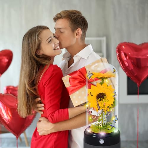 TECHSHARE Artificial Sunflower Gifts for Women, Yellow Artificial Sunflowers with LED Light in Glass Dome, Cute Sunflower for Christmas, Birthday, Mother's Day, Valentine's Day