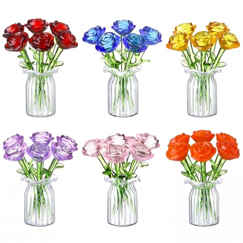 FoldTier 42 Pcs Mini Glass Flower Decoration Hand Blown Glass Flower Figurines Collectible Ornaments with Vase for Mothers Day Birthday Table Centerpiece Garden DIY Craft(Roses) - style: Roses