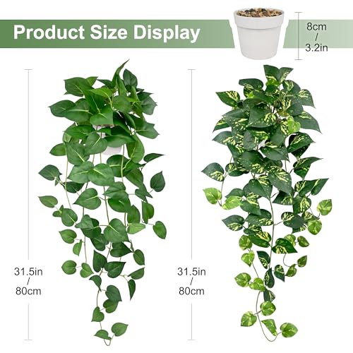 Artificial Hanging Plants 31.5‘’ with White Pots –2 Pack Fake Pothos Potted Plants Faux Ivy Vines, Realistic Greenery Hanging Fakeplants Indoor for Home Decor, Bedroom, Bathroom, Office, Living Room - size: 31.5''