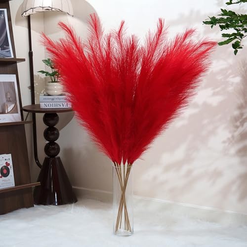 Premium Faux Red Pampas Grass – 43.3" Tall Fluffy Vibrant Decor, 8pcs 18-Branch One-Piece Stems No Assembly, Luxury Silk-Feel Feather Flowers for Valentine's Day Christmas Wedding Home Floor Vase - color: Faux Red, size: 8pcs 43.3"(110cm)