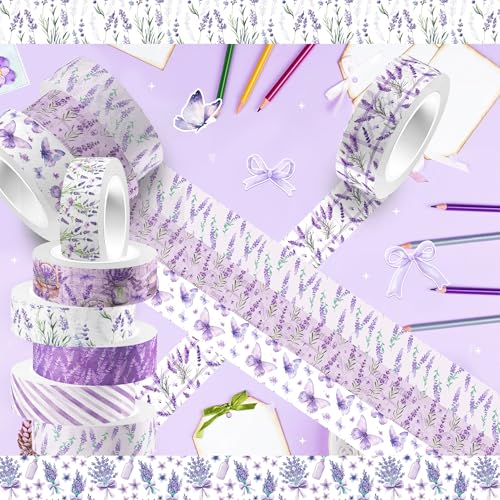 12 Rolls of Lavender Washi Tape, Purple Floral Decorative Tape, DIY Flower Butterfly Pattern Sticker for Journals, Planners, Scrapbooking, Packaging, Crafts, Party Supplies Favors