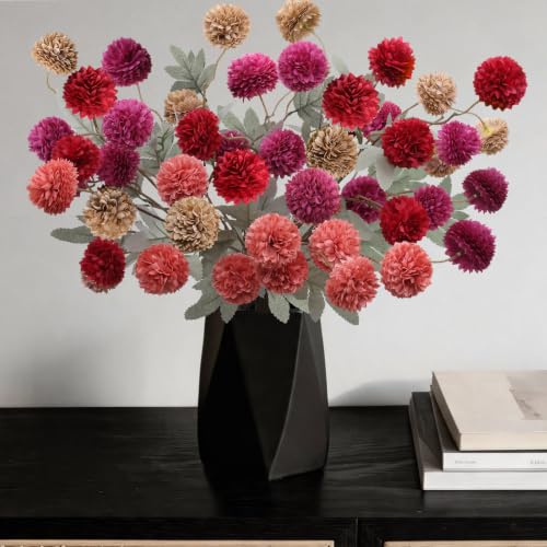 INQCMY Artificial Flowers 12 Pcs Fake Chrysanthemums Faux Kiku Flower Long Stem 20" Realistic Silk Pompon Mums for Vase Wedding Bouquets Centerpieces Home Decor (Deep Orange Red Coffee Deep Purple) - color: Deep Orange Red Coffee Deep Purple
