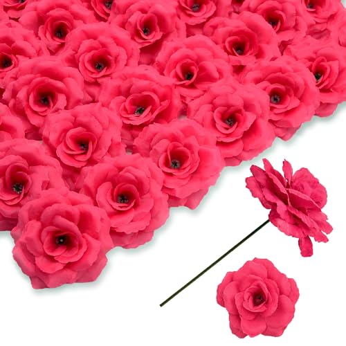 Rose Artificial Flowers, 50Pcs White Roses Head Flowers Bulk with Stem, 3 Inches Silk Rose Fake Flower Head for Wedding Party Home Decor DIY Baby Shower Centerpieces Tables Decoration (Rose Red) - color: Rose Red