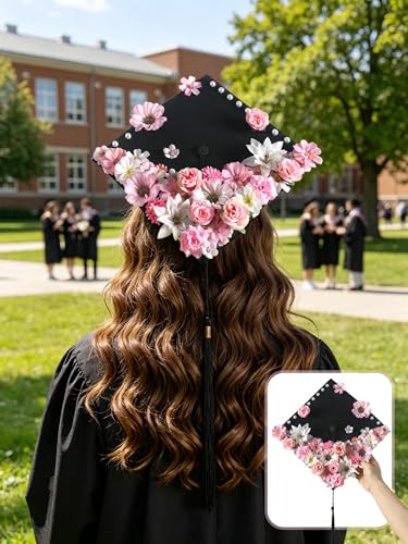 rongflower Mini Artificial Flowers for Crafts, 45 Pcs Pink White Silk Fake Flowers Assorted Faux Roses Peonies Daisies Bulk for Wedding Decor Graduation Cap Cake Topper Home DIY - color: Pink White