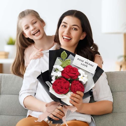 Crochet Flower Bouquet Handmade Red Roses Artificial Flowers with Card Unique Mothers Day Graduation Birthday Gifts for Women Mom Girlfriend Wife Eternal Flores Knitting Decorations Home Decor - color: Red Rose