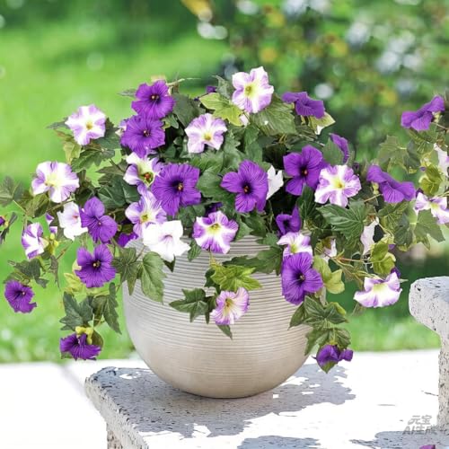 summer flower 2 Pack Faux Petunias Outdoor UV Resistant Artificial Flowers for Planters, Realistic Fake Flowers for Outdoor Decor, Porch, Hanging Baskets,Spring Home Decoration(Purple White) - color: Purple-2
