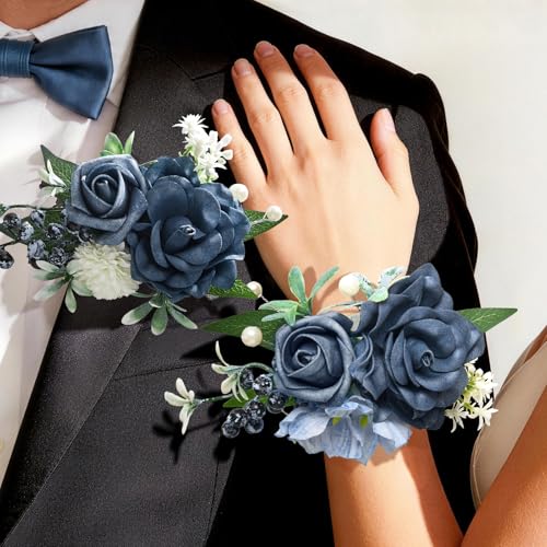 Blue Rose Corsage and Boutonniere Set, Prom Flower Wrist Corsage for Wedding Bridesmaid Mother Grandmother, Artificial Flowers for Homecoming Party Anniversary Graduation Decor - color: Blue, size: 1 Corsage & 1 Boutonniere