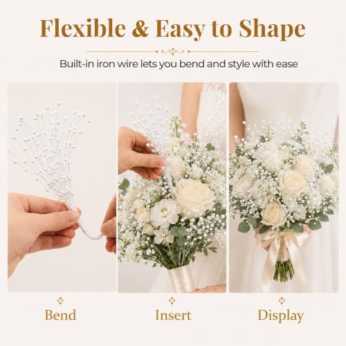60 Pieces Pearl Stick Stems Bouquets, 4mm Bead String Garland Beaded Spray Filler Floral Arrangements Tree Picks Wedding Party Decoration, Mother's Day Flower Decor, Christmas Tree Picks (White) - color: White