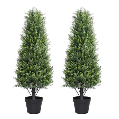 3ft Artificial Cedar Topiary Trees Set of 2, 36'' UV Resistant Faux Plants Outdoor, Faux Evergreen Cone Bushes & Shrubs for Front Porch Planter Decor - color: Cedar Green, size: 36in