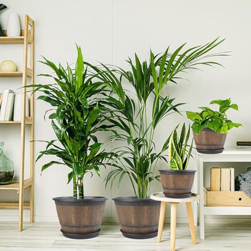 16-inch-Plant-Pots-Indoor-Outdoor, 4 Pack Large Whiskey Barrel Planters with Drainage Holes & Saucer, Plastic Flower Pots Imitation Wine Barrel Design, Decorative Garden Pots for Plants - color: Whiskey, size: 16-inch