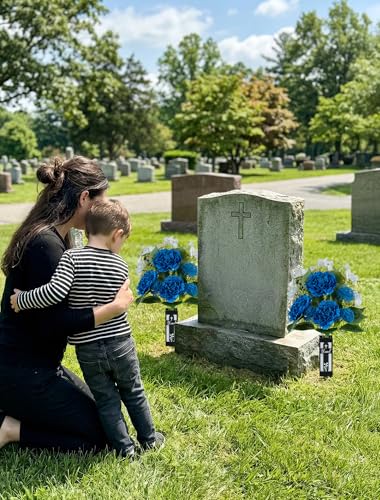 Artificial Grave Flowers for Cemetery: 2 Pcs Memorial Day Flowers for Cemetery Grave Decorations - Fathers Day Outdoor Silk Blue White Peony Flower Bouquet with Vase for Gravesites - color: Blue & White