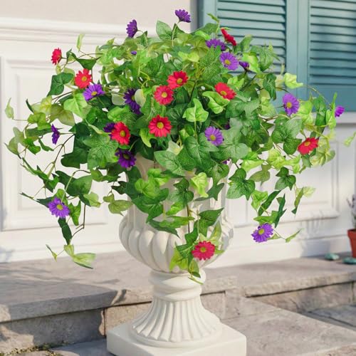 Krissing 3 Pcs Artificial Flowers for Outdoors UV Resistant, Fake Greenery Plants with Daisy Flowers for Outside Planters Porch Window Box Home Decor (Purple, Red) - color: Purple+hot Pink, size: 3