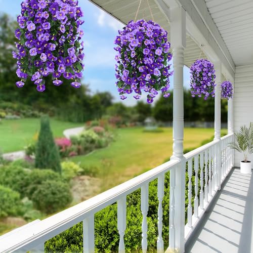 Sggvecsy Artificial Fake Hanging Flowers Plants Outdoor Outside Spring Summer Decoration 2PCS Faux Silk UV Resistant Morning Glory Trailing Vines for Home Porch Patio Balcony(Purple & Light Purple) - color: Purple & Lignt Purple, size: 2Pcs