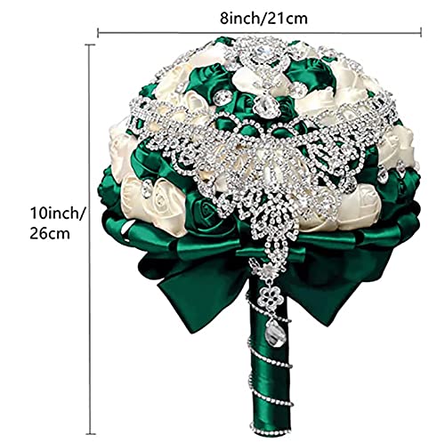 Handmade Luxury Wedding Bridal Bouquet Large Silk Rose Holding Toss Artificial Flowers Bouquets with Satin Ribbon Pearls Rhinestone for Bride Vintage Royal Wedding Bouquet (Dark Green + Ivory) - color: Dark Green + Ivory