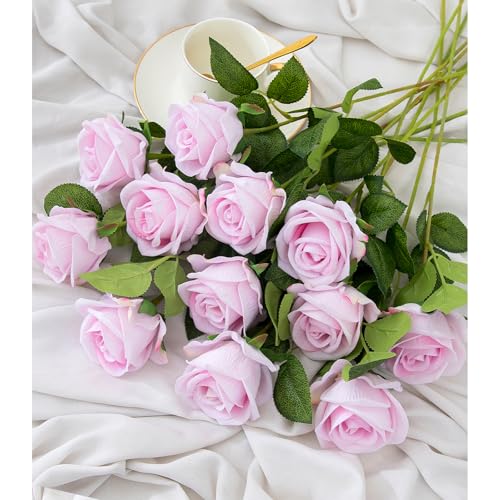 Hawesome 12PCS Artificial Flowers Fake Roses, Realistic Velvet Long Stem Red Roses Bouquet for Wedding Centerpiece Home Decor Party & Valentines (Light Pink) - color: Pink