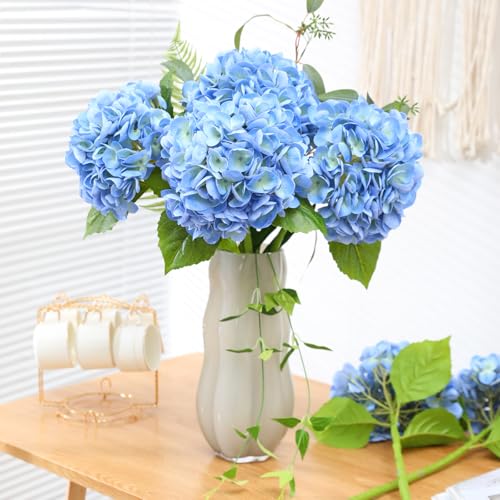 Nubry 4Pcs Blue Hydrangea Artificial Flowers, 22.5In Latex Faux Real Touch Large Hydrangea Flowers with Long Stems & Leaves for Home Office Decor Wedding Party Arrangements(Blue) - color: Blue, size: 4 Pcs