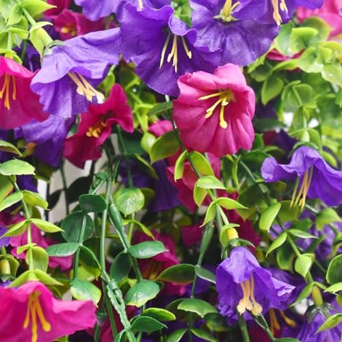 Musdoney 4PCS Artificial Hanging Flowers, Fake Hanging Plants Morning Glory Vines UV Resistant for Wall Home Room Garden Wedding Indoor Outdoor Spring Summer Decoration (Purple+Fuchsia) - color: Purple+fuchsia