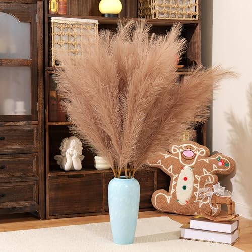 Premium Faux Khaki Pampas Grass – 43.3" Tall Fluffy Earth-Toned Decor, 8pcs 18-Branch One-Piece Stems No Assembly, Luxury Silk Feather Flowers for Boho Military Green Decor,Olive Beige 8 Stems110cm - color: Faux Khaki, size: 8pcs 43.3"(110cm)
