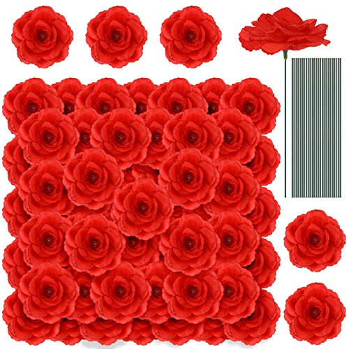 Yunlly 100 Pcs Artificial Flowers Fake Silk Roses Long Stem Rose Bouquet Wedding Party Home Decor for DIY Baby Shower Centerpieces Tables Home Decorations(Red) - color: Red