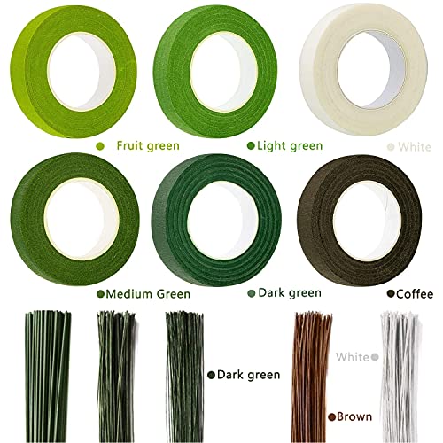 Floral Tape and Floral Wire Arrangement Tools Kit with 6 Rolls 1/2" Wide Floral, 18/22/26 Gauge Stem Wire and 22 Gauge Paddle Wire for Bouquet Stem Wrap Florist