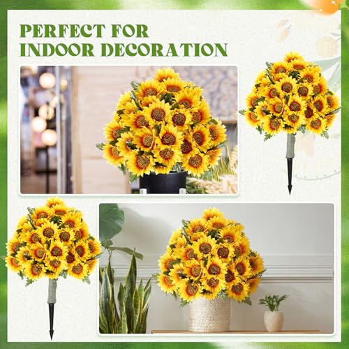 Lunmon 2 Pack Artificial Sunflower Topiary Trees for Outdoors with Ground Spikes, 24 Inch UV Resistant Faux Sunflower Ball Plants for Front Door Porch Patio Garden Yard Decor - color: Yellow, style: Sunflower