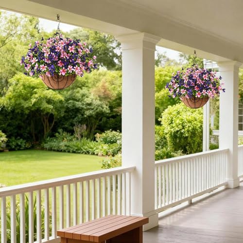 INQCMY Artificial Hanging Flowers for Outdoors, 5 Bundles UV Resistant Artificial Hanging Baskets,All Weather Fake Flowers for Patio, Porch, Yard, Window Box,Home for Spring Summer Decoration. - color: Pink Purple