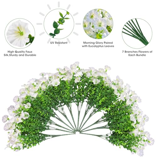Ouddy Decor 24 Bundles Artificial Flowers for Outdoors Decoration Fake Silk Morning Glory Flowers Faux Eucalyptus Plants UV Resistant for Porch Patio Garden Spring Summer Home Decor, White - color: White