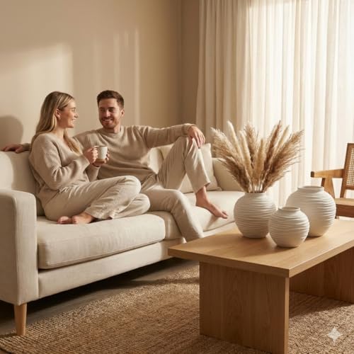 White Ceramic Vase for Home Decor - Rustic Farmhouse Flower Vase, Hand-Carved Spiral Texture, Decorative Round Pottery Vase for Shelf, Table, Nightstand, Centerpiece (Matte White) - Small