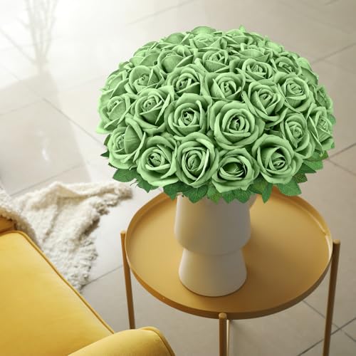 36 Pcs Velvet Texture Sage Green Artificial Flowers Bridal Bouquet, Fake Rose Long Stem Realistic Flowers Bulk for Valentine's Day Wedding Bouquet Ball Arrangement Centerpiece Party Home Deco - color: Sage Green