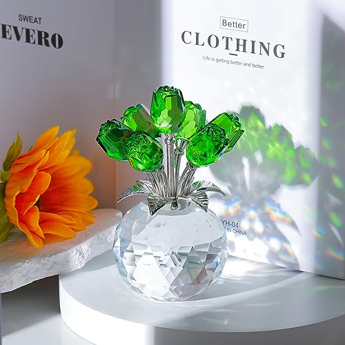 Green Rose Flower Crystal Figurine with Vase, Bouquet Flowers Ornament Gifts for Wife Girlfriend Women , Handmade Crystal Flower Collectible Home Table Decor for Valentine's Day Wedding Anniversary - color: Green -Crystal Rose