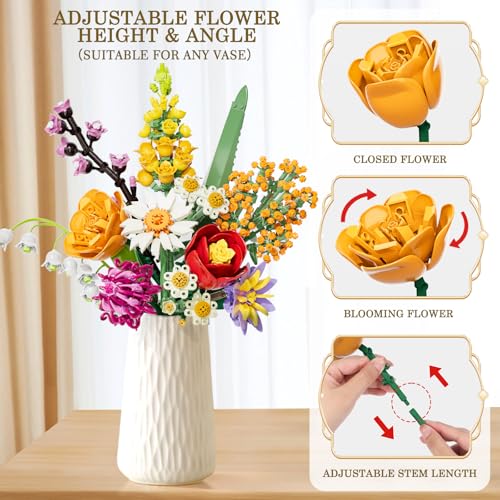Flowers Bouquet Building Set, 1070PCS Wildflower Botanical Collection, Artificial Plant Flower Kit Toy for Adults Kids Women Her, Home Decor Gift for Birthday, Christmas, Valentines(No Vase)
