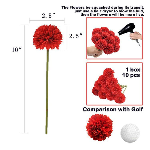 10Pcs Artificial Fake Flower Plants Silk Chrysanthemum Ball Hydrangea Arrangements Wedding Bouquets Decor Home Kitchen Garden Party Table Floral Centerpieces DIY (Red) - color: Red
