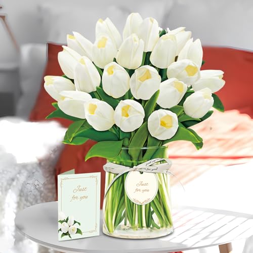 Airpark Pop Up Flower Bouquet Card for Women, 3D Floral Greeting Card with Envelope and Note, Birthday Thank You Thinking of You Get Well Gift for Mom Friend Wife Teacher, White Tulip - style: White Tulips