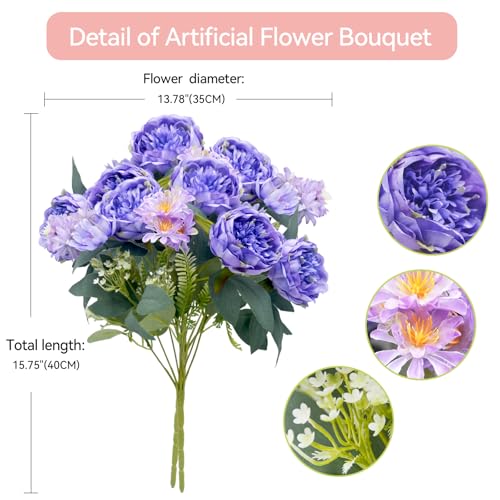Peonies Artificial Flowers, Fake Peony Bouquet, Realistic Faux Peony Silk Flowers for Wedding, Home Décor, and Table Centerpieces – Ideal for Arrangements and Special Occasions 2 Bouquets (Purple) - color: Purple