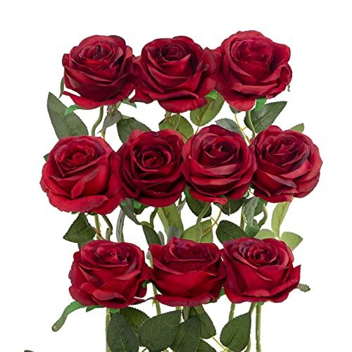 Luyue 10PCS Artificial Roses Flower with Stems Slik Fake Flowers Bouquet Realistic Long Stem Faux Rose for Valentines Day Wedding Home Decor - color: Gradient Burgundy